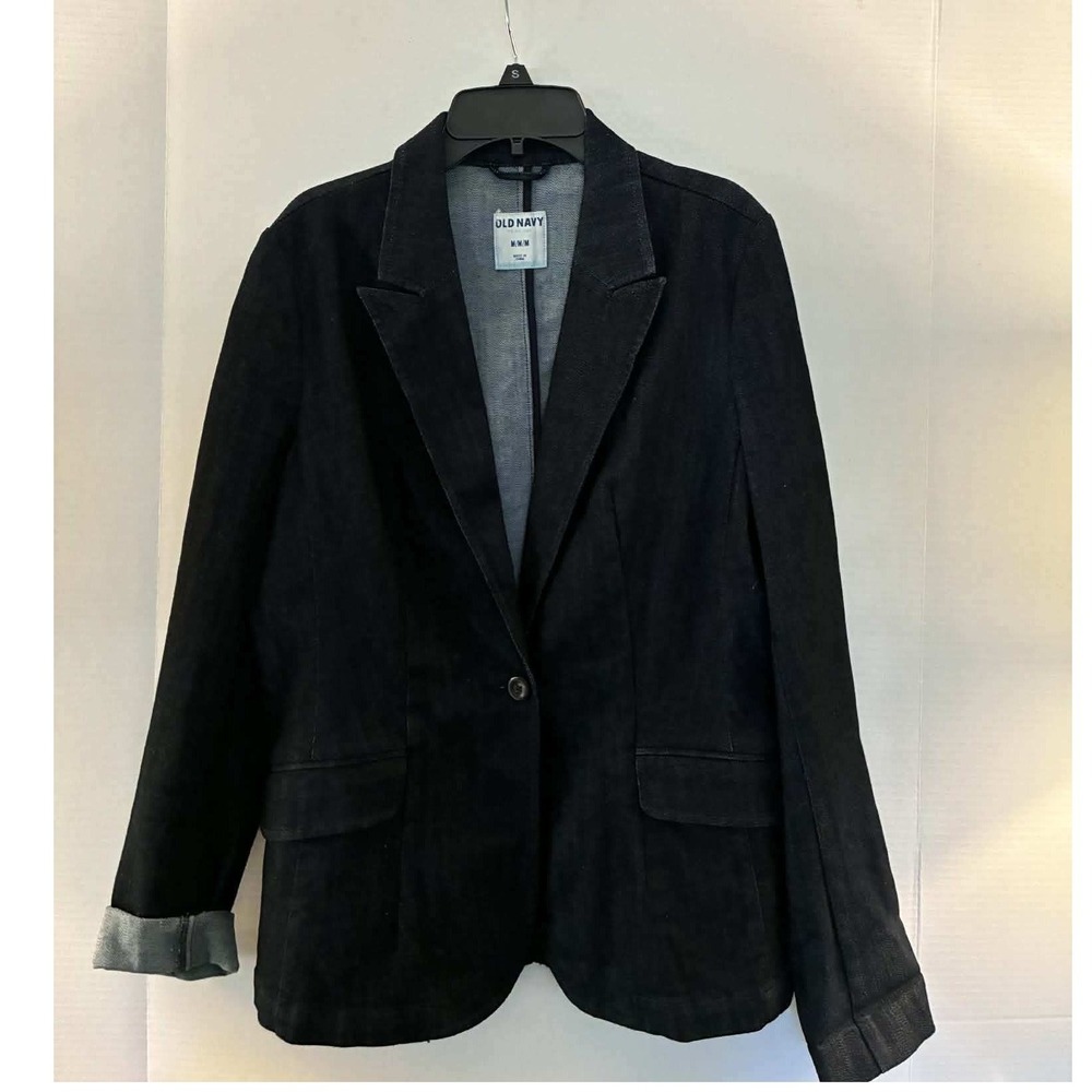Old Navy Denim Blazer Womens M Black One Button Boyfriend Jacket Rolled Cuff